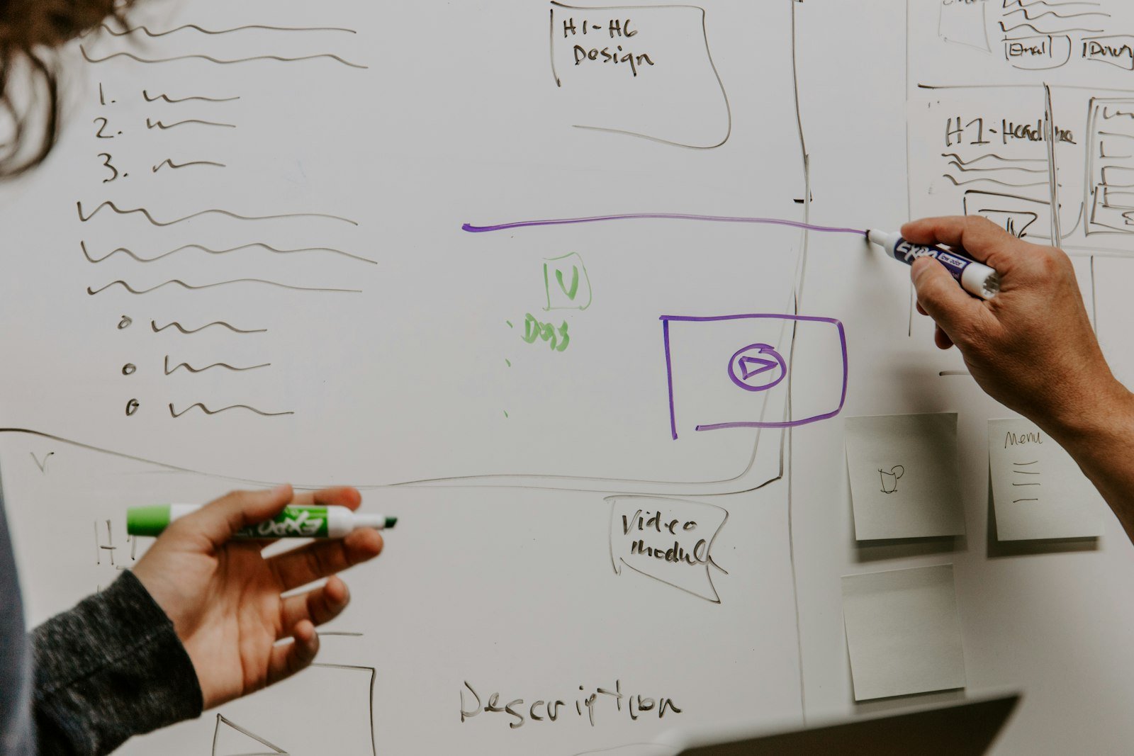 Deux personnes construisant une grille d'analyse concurrentielle sur un tableau blanc