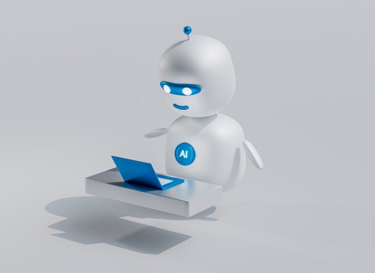 Assistant conversationnel IA répondant à une question devant un ordinateur portable