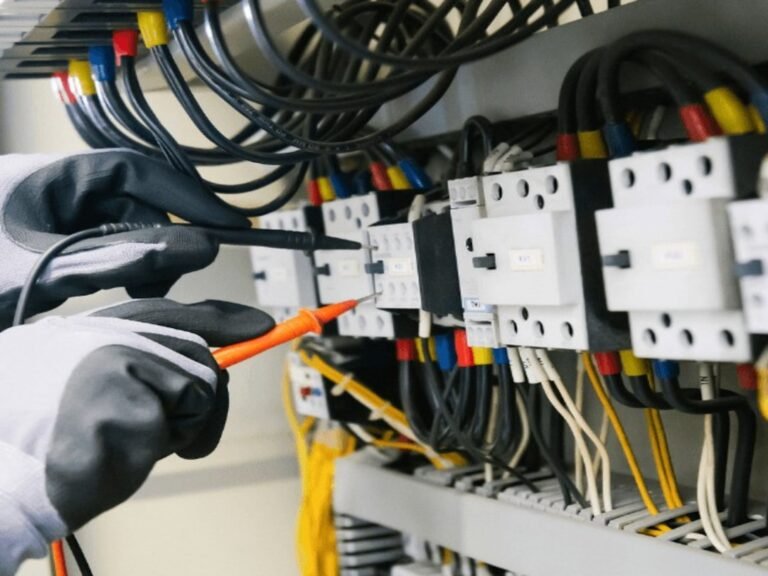 Électricien testant un tableau électrique au multimètre lors d'une intervention